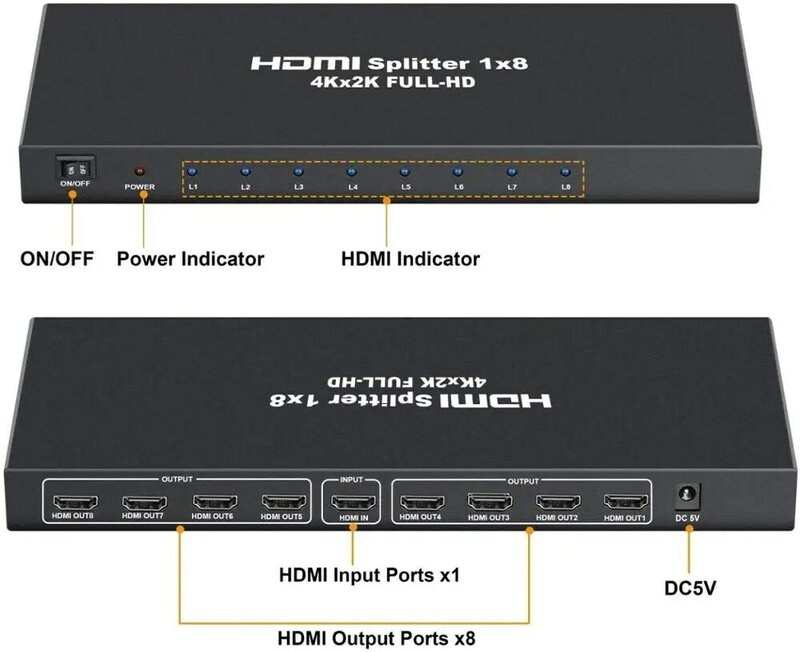 4k 1x8 hdmi divisor um em oito para fora alimentado 8way hdmi divisor amplificador de áudio e vídeo distribuidor com carregador completo hd 3d & 4k