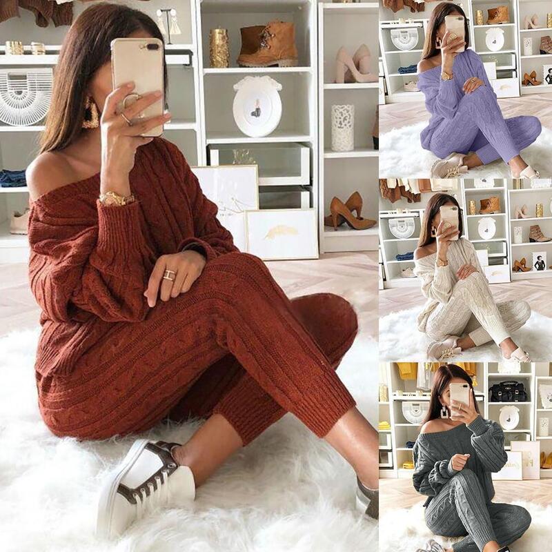 Autumn Winter Knitted Two Piece Set Women Outfits Long Sleeve One Shoulder Sweater Pullovers Skinny Pants Set Women Tracksuits