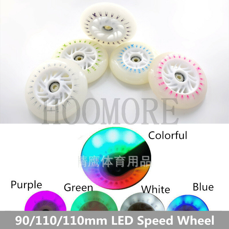 Speed Wheels-Roue de Patinage LED Colorée, 90mm, 100mm, 110mm, Bleu, Blanc, Vert, Violet, Marathon sur Route en Ligne, Noyau Magnétique, Flash