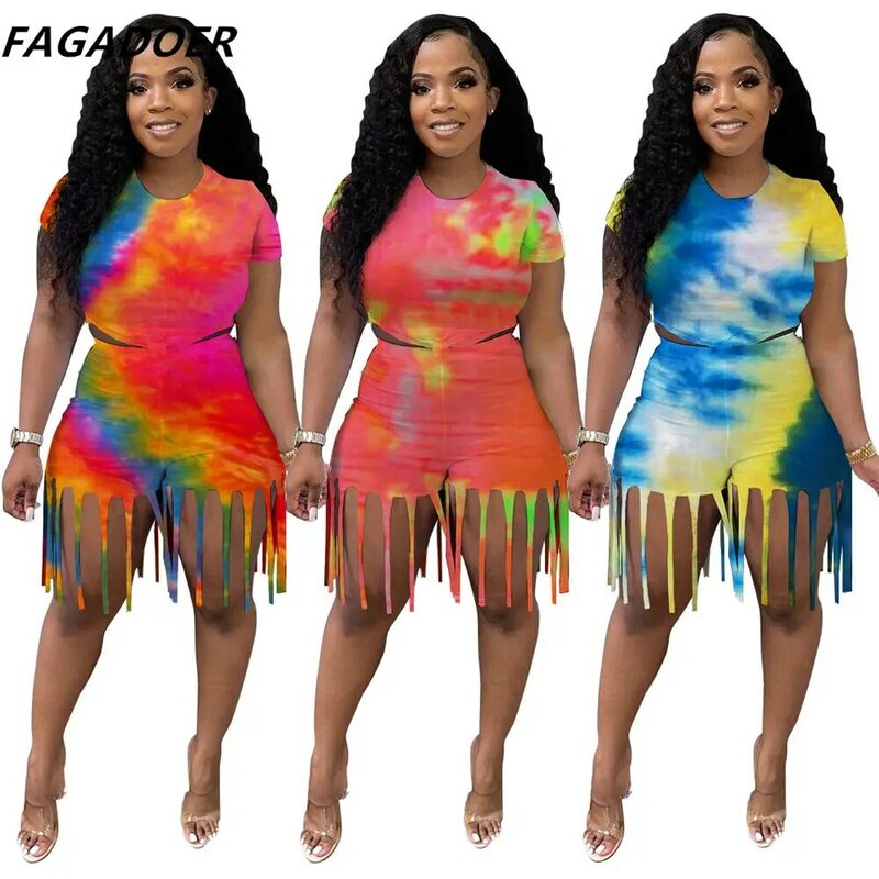 FAGADOER Two Piece Tie Dye Short Sets 여름 패션 프린트 자르기 탑스와 술 반바지 캐주얼 Streetwear Tracksuits