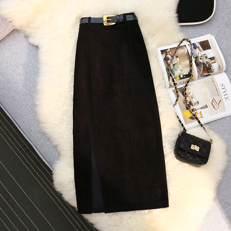 Hebe & Eos-Falda Vintage para mujer, Falda Midi con abertura lateral, línea A, fajas de cintura alta, elegante, moda coreana, pana, negra