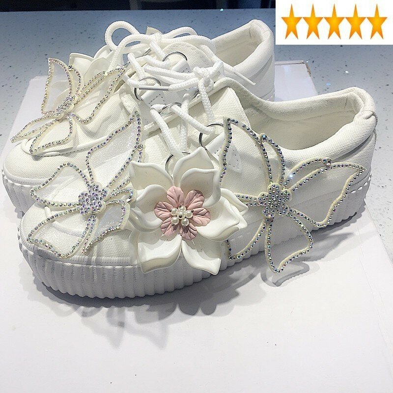 Luxo feminino apliques de lona flor diamantes plataforma rendas até casual moda cosplay senhora kawaii lolita sapatos