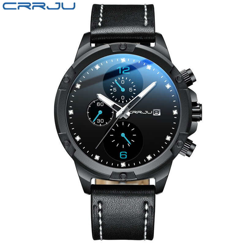 2020CRRJU nowe modne męskie zegarki Top marka luksusowe duże pokrętło wojskowy kwarcowy zegarek skórzany wodoodporny Sport chronograf mężczyźni