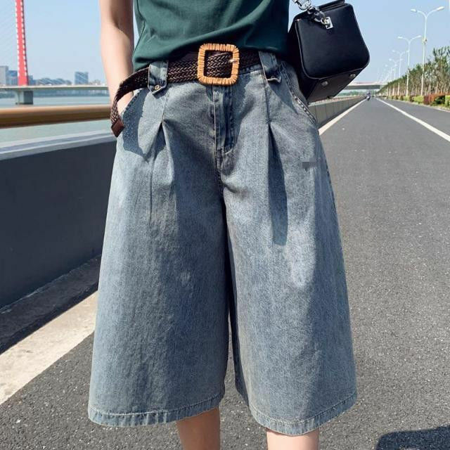 Женские джинсовые шорты до колена, уличная одежда с высокой талией и широкими штанинами, женские джинсовые шорты-бермуды в Корейском стиле на лето