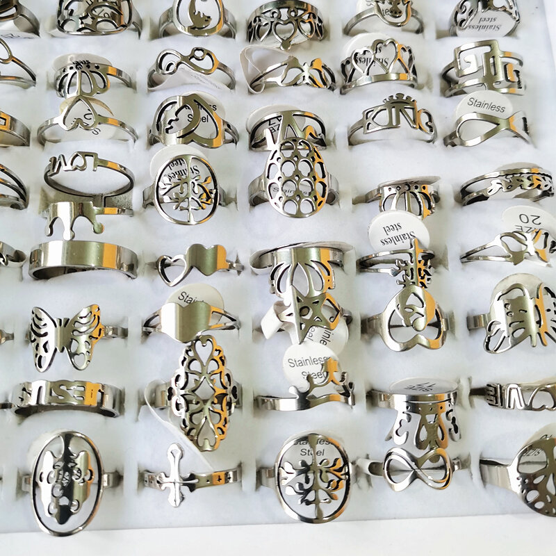 50PCS Wholesale Bulk Lot Stainless Steel Women Rings Lady Female Fashion Jewelry MIxed Stylish Laser Cutting Finger Ring Gifts