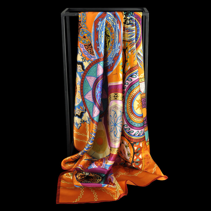 وشاح مربع من الحرير الأصلي 100% للنساء ، وشاح رقبة كبير ، باندانا مطبوع ، وشاح حريري ، 90 × 90 سنتيمتر ، 2021