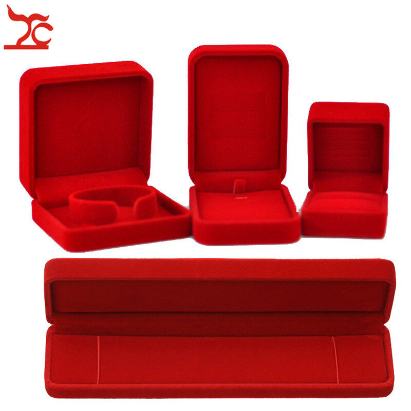 Qualität Hochzeit Schmuck Lagerung Fall Erstaunliche Rote Samt Ring Ohrringe Halskette Anhänger Armband Lagerung Organizer Geschenk Box
