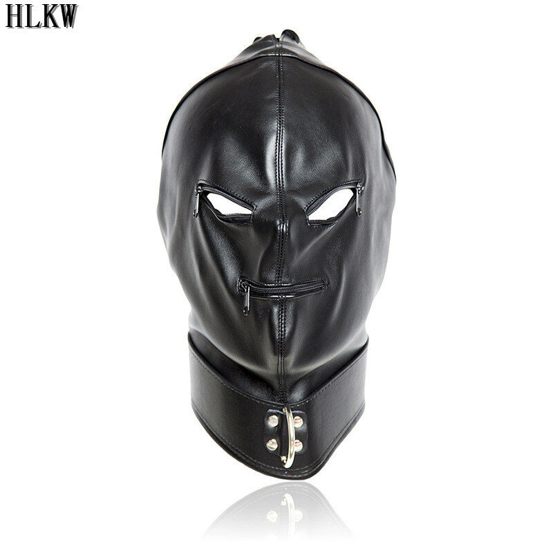 Leather Mask Hood Zipper Mouth Gag Halloween Full Gimp Open Eyes Lockable Slave Slipknot Venom Scary Demon Horns Goblin Slayer