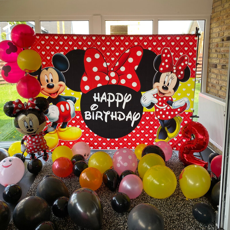 Kartun Vinil Kustom Mickey Mouse Latar Belakang Pesta Minnie Mouse Latar Belakang Dinding Kain Baby Shower Anak Dekorasi Pesta Ulang Tahun