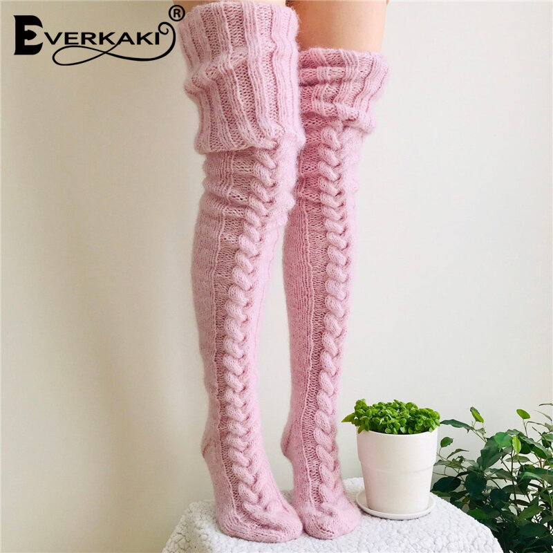Everkaki-모헤어 케이블 니트 스타킹 여성 겨울 레깅스, 따뜻한 그레이 핑크 무릎 위 양말, 숙녀 홈 두꺼운 스타킹, 2021 년 신상품
