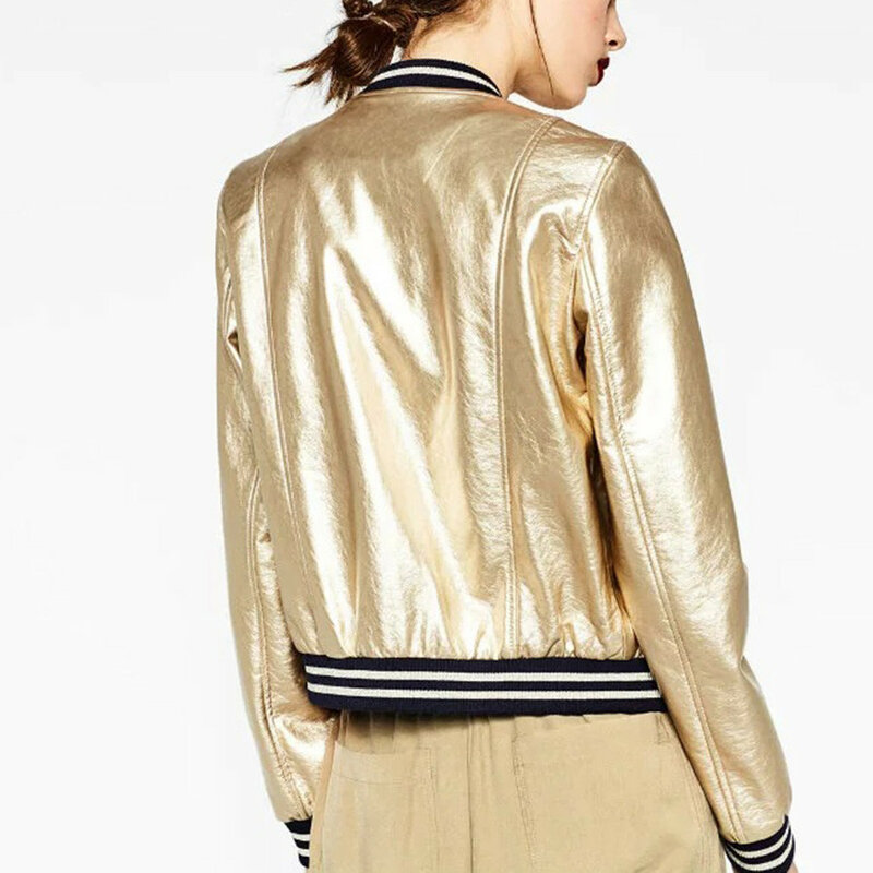 2021 Spring Gold Silver Bomber Jacket Women Basic Coats Striped Stand neck Casual Jackets Outerwear Jaqueta Feminina