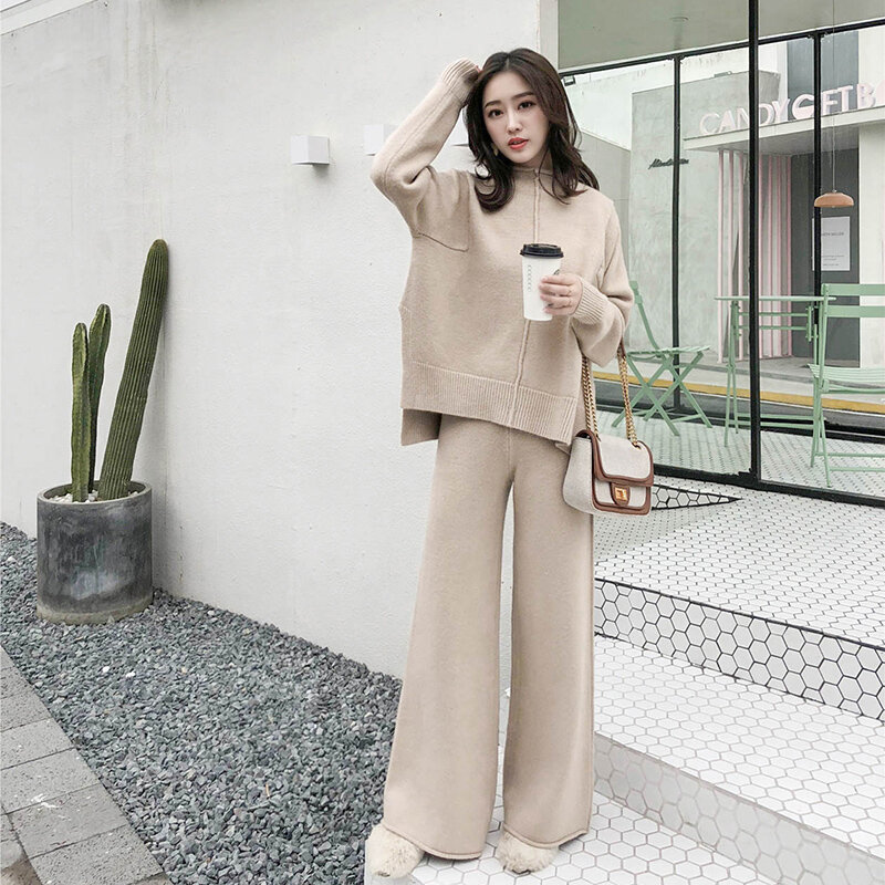 High Quality Knitting Wide-Legged Pants Suit Two-Piece Women New Winter Cashmere Sweater Wide-Legged Pants Western Style Suits