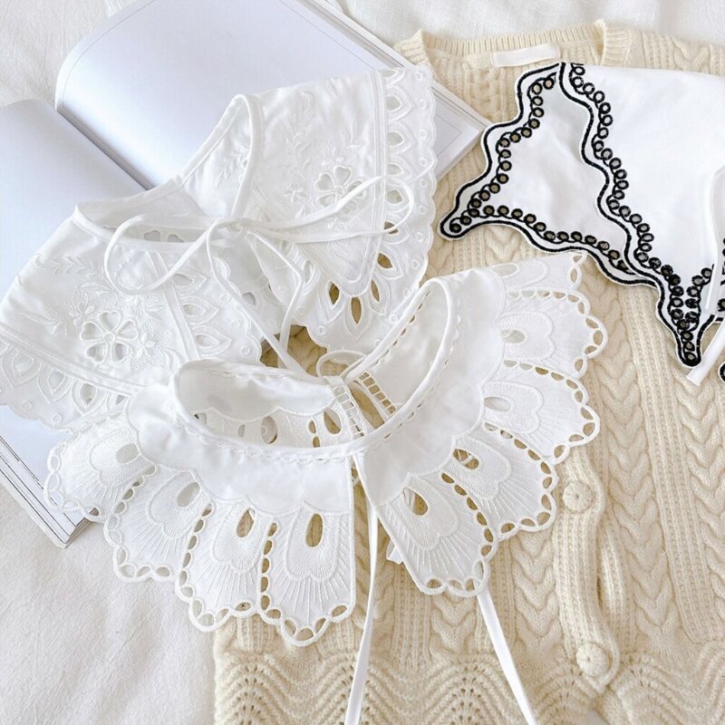 Korean Women White Cotton Fake Collar Shawl Wrap Hollow Out Floral Fish Scales Necklace Scarf Embroidery Short Poncho Dropship