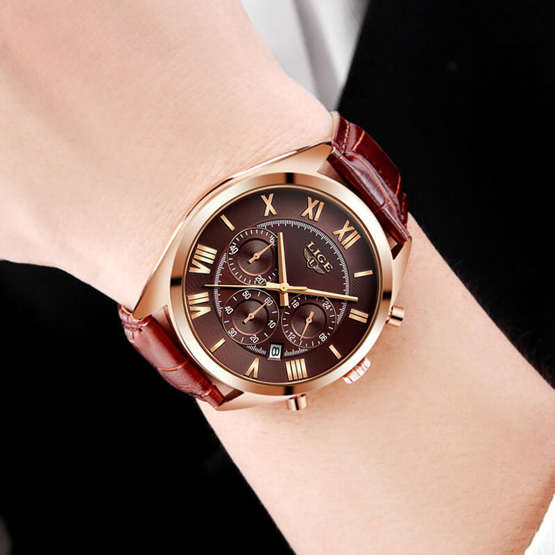 2023 LIGE Watch For Men Top Brand Luxury Waterproof 24 Hour Date Quartz Clock Brown Leather Sports WristWatch Relogio Masculino