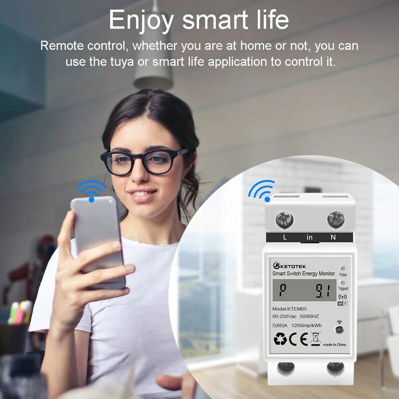 Tuya Smart Energy Power Meter, Trilho Ruído, Wi-Fi, Voltímetro, Amperímetro, Monitor de Controle Remoto, Smart Life, KWH, 220V