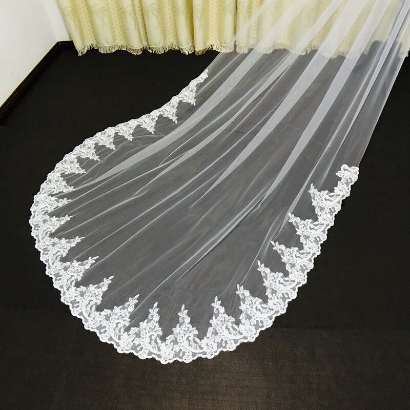 รูปภาพจริงสีขาว/Ivory Wedding Veil 3mยาวหวีLace Mantillaเจ้าสาวงานแต่งงานอุปกรณ์เสริมVeu De Noiva