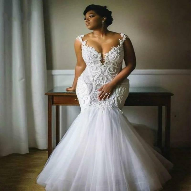 Sexy African Mermaid Plus Size Country Garden Wedding Gowns With Appliques Tulle Arab Bride Dress