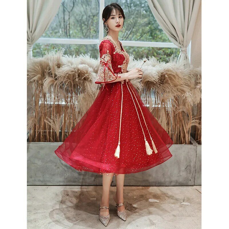 하프 슬리브 이브닝 드레스 중국어 번체 웨딩 드레스 레이스 슬림 붕대 디자인 정장 드레스 임신 한 여자 ZL634
