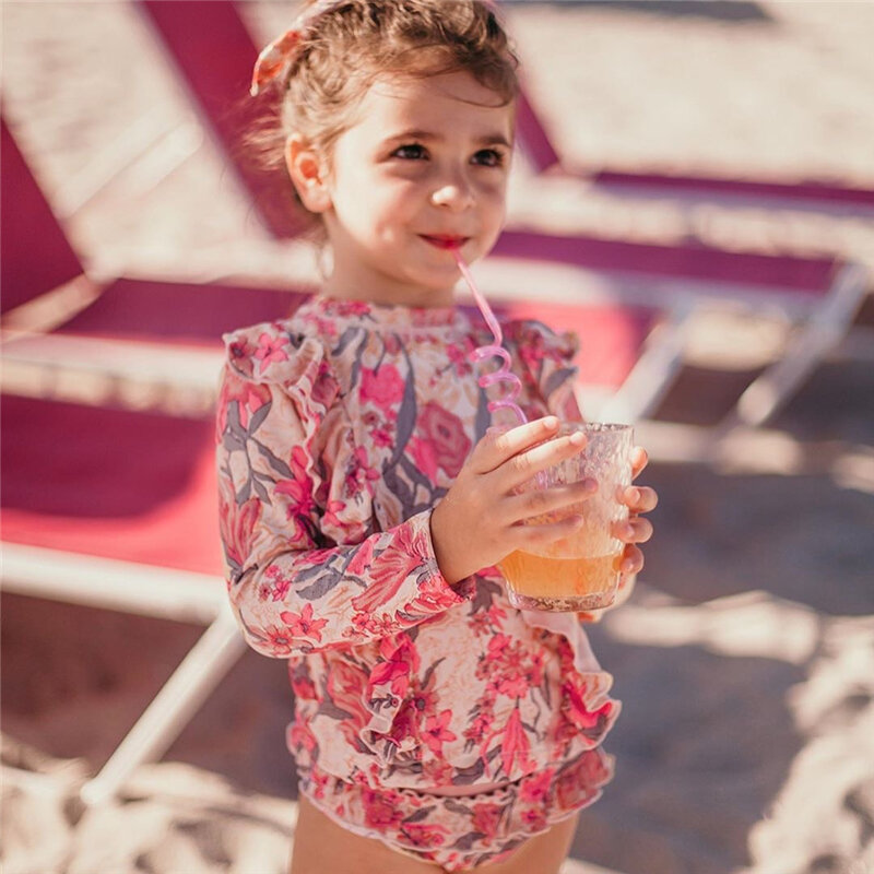 2020 Trends Brand Luxurious Brand Girls' Swimsuit Vintage Floral Swimsuits Kids Pink Swimming Wear Ruffle Baby Hawaii Suits