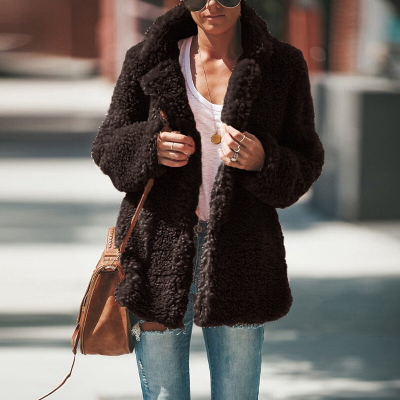 ฤดูใบไม้ร่วง Faux Fur Coat ฤดูใบไม้ร่วงฤดูหนาวใหม่ Warm Soft ขนแกะหญิง Plush เสื้อกันหนาวลำลอง Outerwear Coat ผู้หญิง