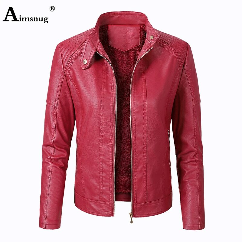Aimsnug Faux kurtki ze sztucznej skóry kobiety jesień zima odzież wierzchnia Plus aksamitne płaszcze szczupła kurtka motocyklowa czarny czerwony odzież damska 2021