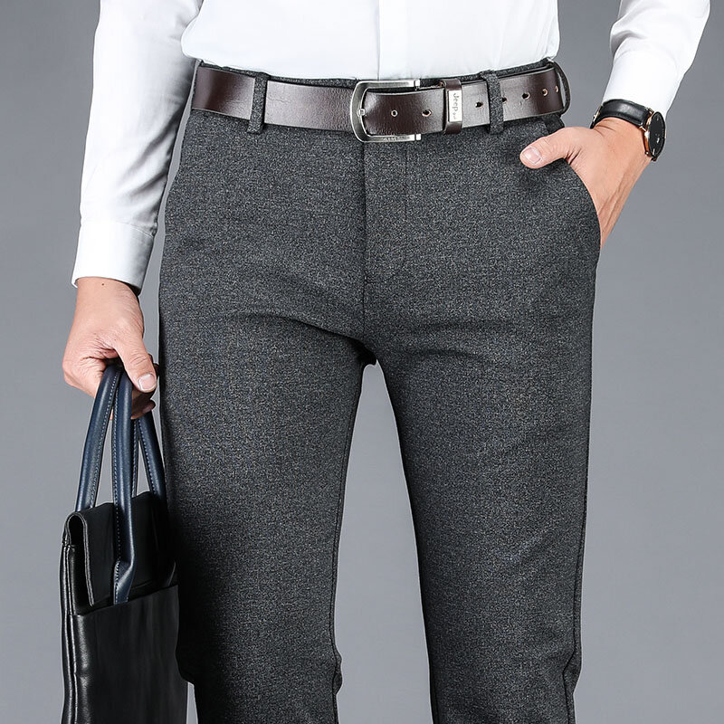 2021 outono e inverno dos homens calças casuais elásticas soltas em linha reta calças de malha negócios médio cintura alta roupas masculinas