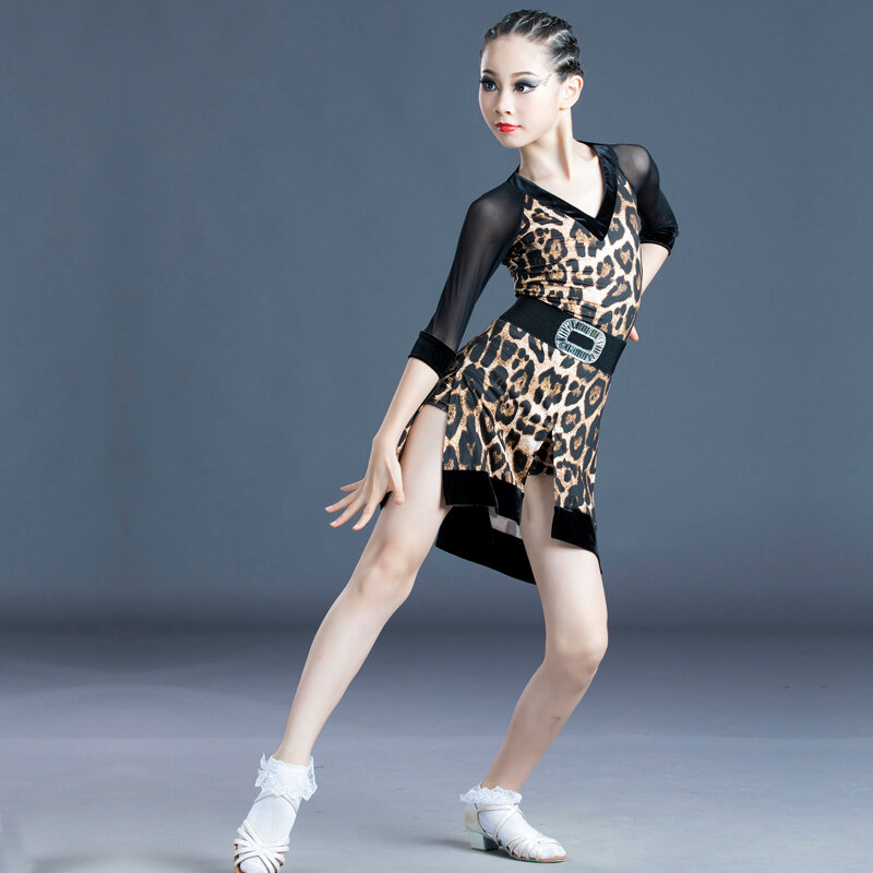 Novo 120-170 vestido de dança latina crianças adulto salsa salão de baile tango cha bebê menina sexy leopardo vestido feminino completo trajes prefessional
