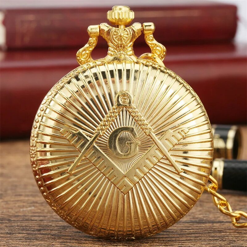Gold Freemasonry Logo Theme Souvenir Quartz Pocket Watch Arabic Numerals Display Round Dial with Necklace/Pocket Chain