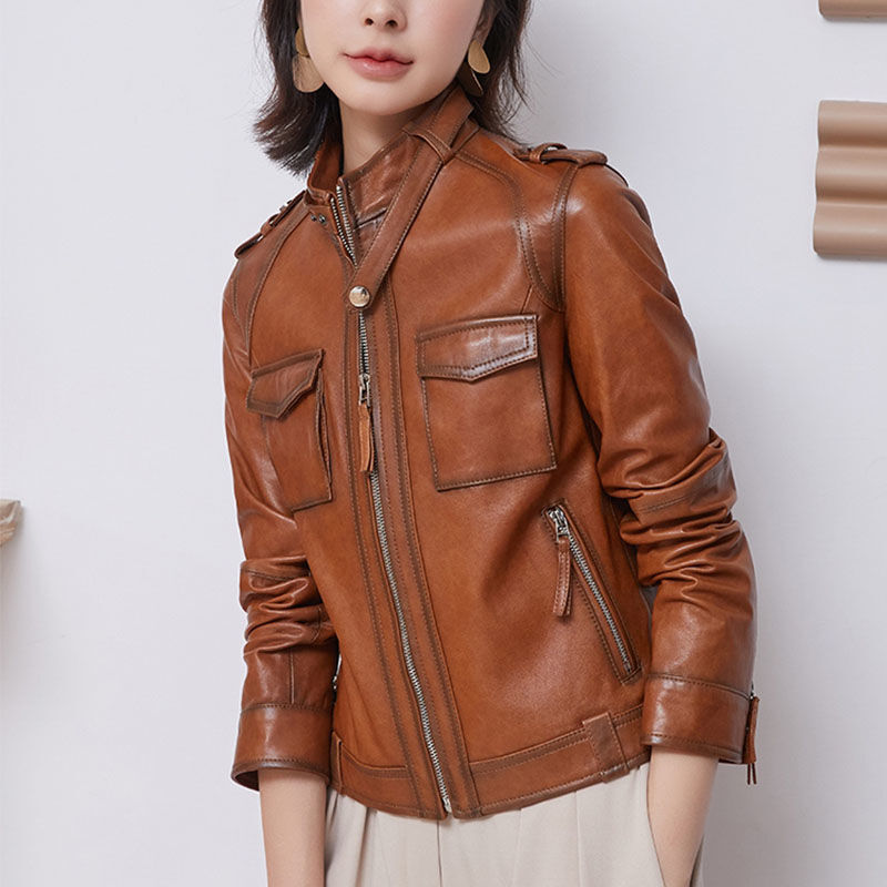 Women's Brown Leather Jacket, Spring Autumn Women's Short Motorcycle Sheepskin Jacket, Leisure Vegetable Tanned Leather Outerwea