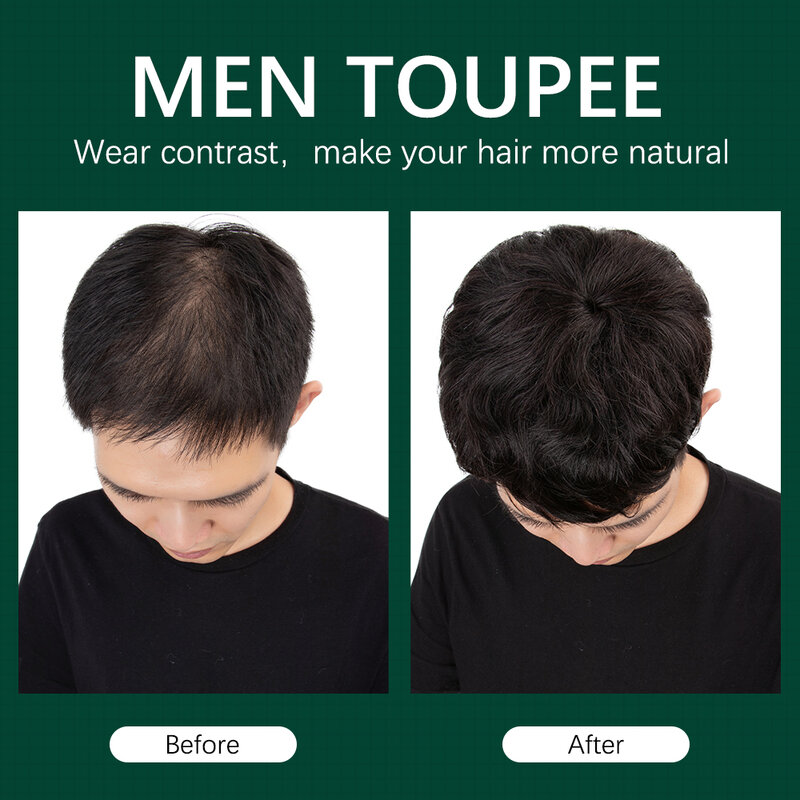 Isheeny Real Human Hair Men Toupee Natural Black Hair Pieces Top Wig Replacement Systems 15x18cm Hairpiece for Men