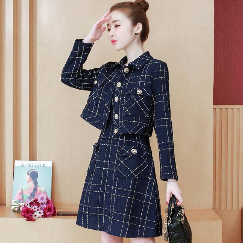 2022 coréia elegante 2 peças conjunto feminino xadrez tweed lapela manga longa jaqueta casaco + retro moda sem mangas a-line vestido terno