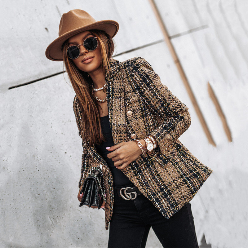 Outono e inverno de manga comprida feminina xadrez botão moda jaqueta 2020 escritório fino ol trabalho profissional plus size casual terno