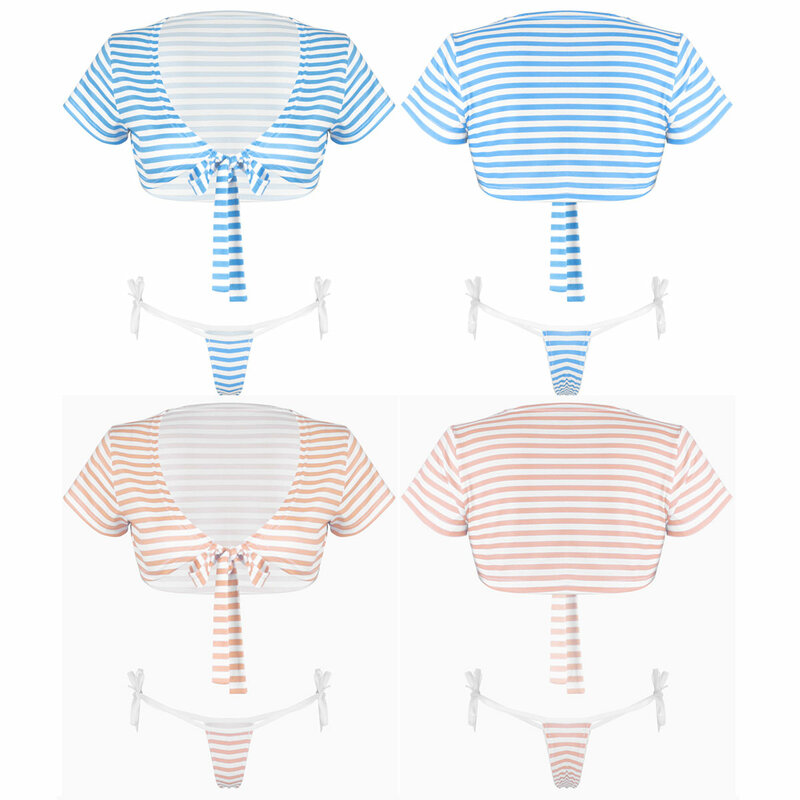 2 Piece Set Clothes Women Japanese Style Cute Stripe Lingerie Set Sexy Short Sleeves Crop Top With G-string Thongs Underwear Set