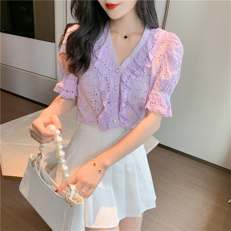 2020 Summer Button Fashion Women Hollow out V-neck Lace Ruffled Puff Sleeve Chiffon Shirt Loose Top Solid Color Women Blouses