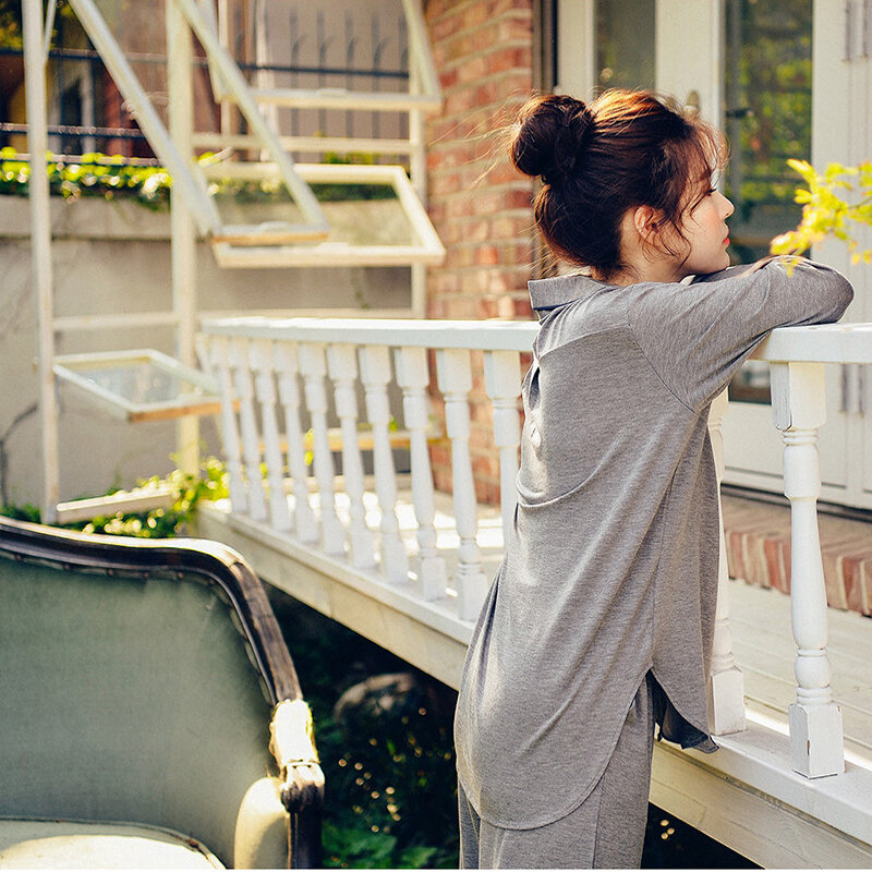 2 pezzi set pigiama donna manica lunga solido modale sciolto traspirante morbido abito da donna stile coreano abbigliamento per la casa confortevole