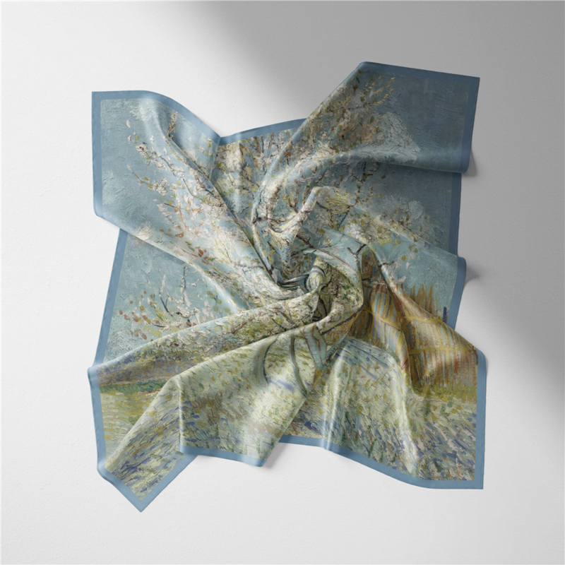 Саржевый шелковый шарф, женские квадратные шарфы с рисунком дерева, бандана, маленький хиджаб, шелковые шарфы, повязка на голову, шейный платок 53 см