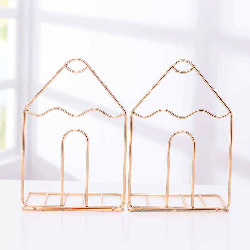 2PCS/Set Bookends Geometric Small House Metal Book Ends, Book End Decorative Bookends for Shelf Office Home, Gold, Rose Gold
