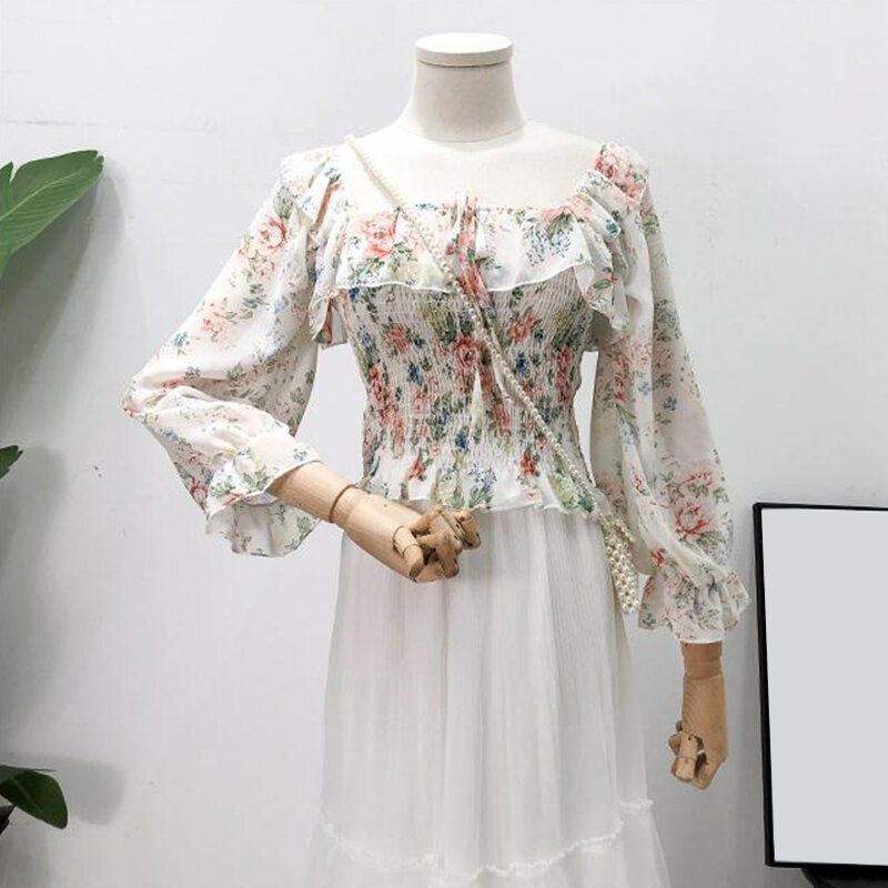 Blusa plisada con estampado Floral de chifón para mujer, blusa coreana con mangas abullonadas y hombros descubiertos, blusas para mujer para primavera y verano 2020