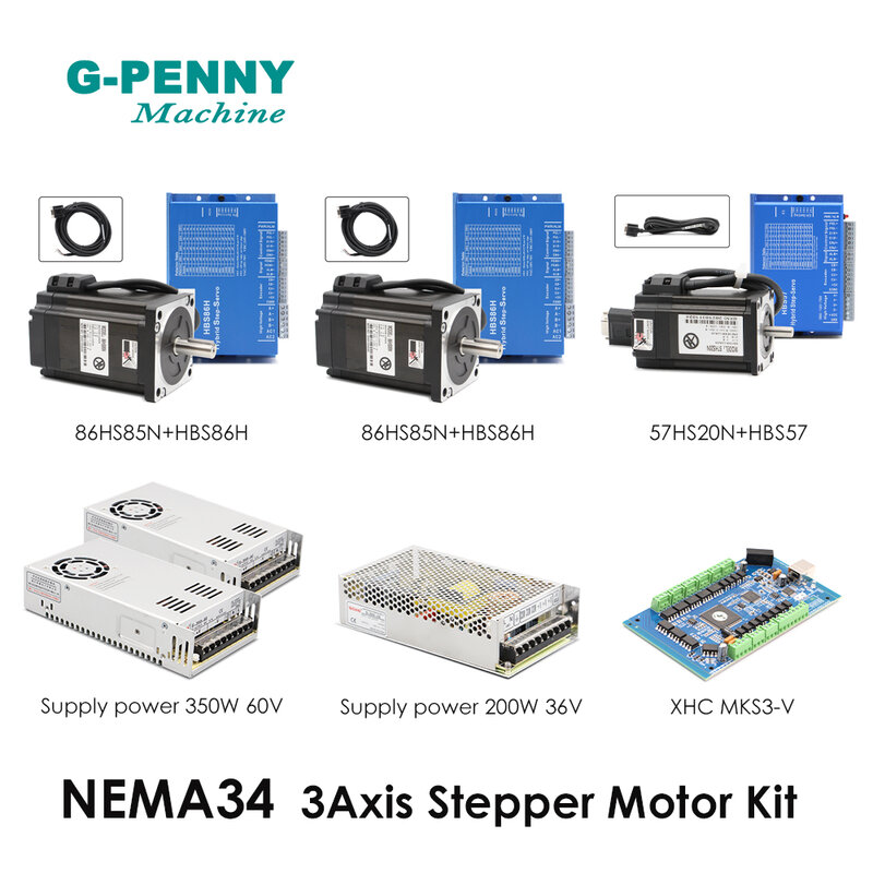 Nema34/23 3 eixos cnc controlador kit 86*85 57*20 circuito fechado motor + mks/xhc/et/ddcsv3.1 controlador + potência 350w60v + 200w36v