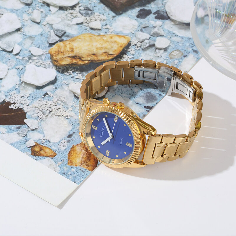 Francuski zegarek głosowy z funkcja alarmu, data i godzina połączenia, niebieska tarcza, składana klamra, złoty caseTAG-601