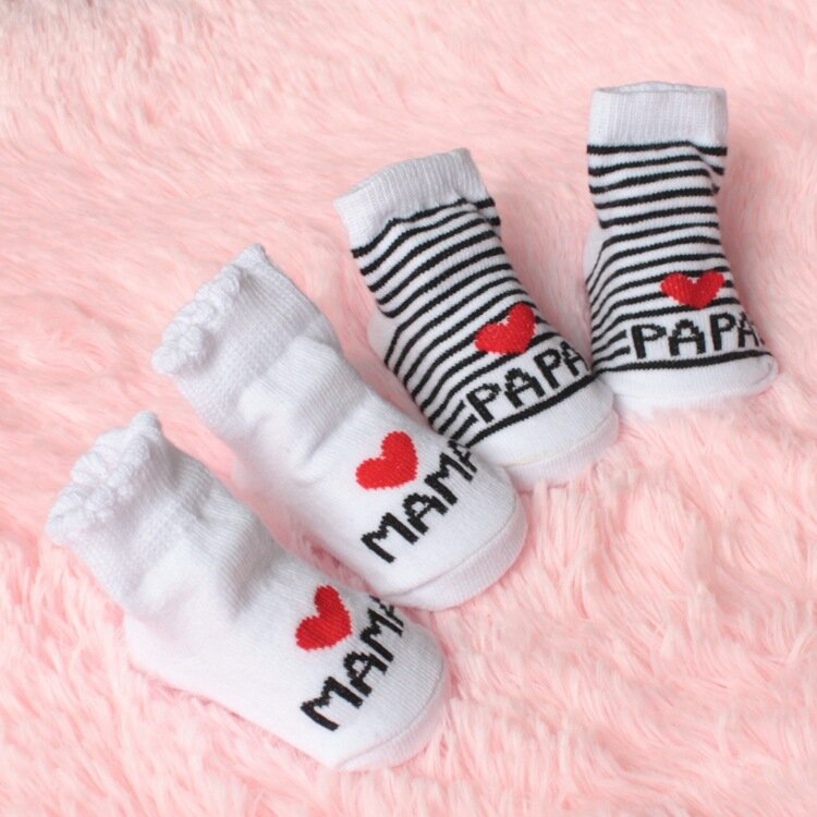 Chaussettes rayées en coton doux avec lettres Love Mama Papa pour bébé, nouveau-né, tout-petit, bébé, 0-6 mois