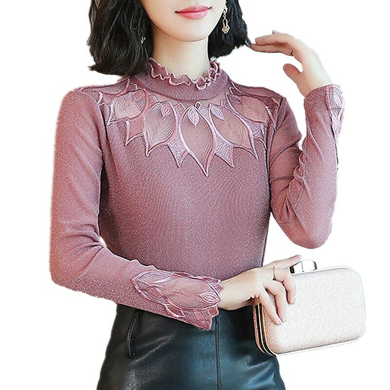 Hollow Out Women Spring Autumn Style Lace Blouses Shirts Casual Long Sleeve Patchwork Spliced Petal Turtleneck Blusas Tops
