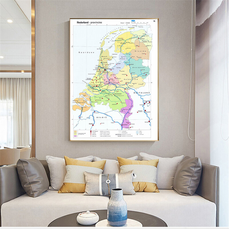 Póster de pared con mapa de las ciudades de los Países Bajos, lienzo no tejido, pintura para habitación, decoración del hogar, suministros escolares en holandés, 100x150cm