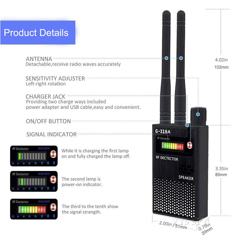 Dual Antenna RF Signal Detector For Hidden Camera Eavesdropping Wireless Audio Bug GPS GSM Device Finder Anti-Spy Scanner