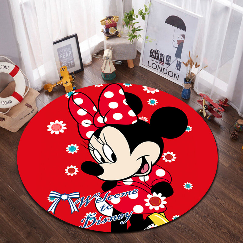 Round Play Mat 100x100cm Girls Red Minnie Rug Bedroom Children Carpet Anti-Slip Bathroom Carpet Absorb Water Kitchen Mat/Rug