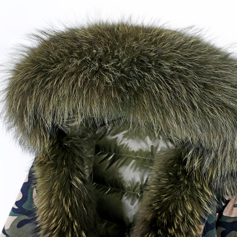 Hooded jacket MaoMaoKong, long camouflage winter jacket with natural raccoon fur, warm coat, down jacket