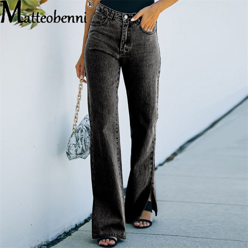 ผู้หญิงตรงแยกกางเกงยีนส์2021ใหม่ฤดูใบไม้ร่วงหญิงเสื้อผ้าเอวสูง Vintage Casual Streetwear ล้างสุภาพสตรี Denim กางเกง