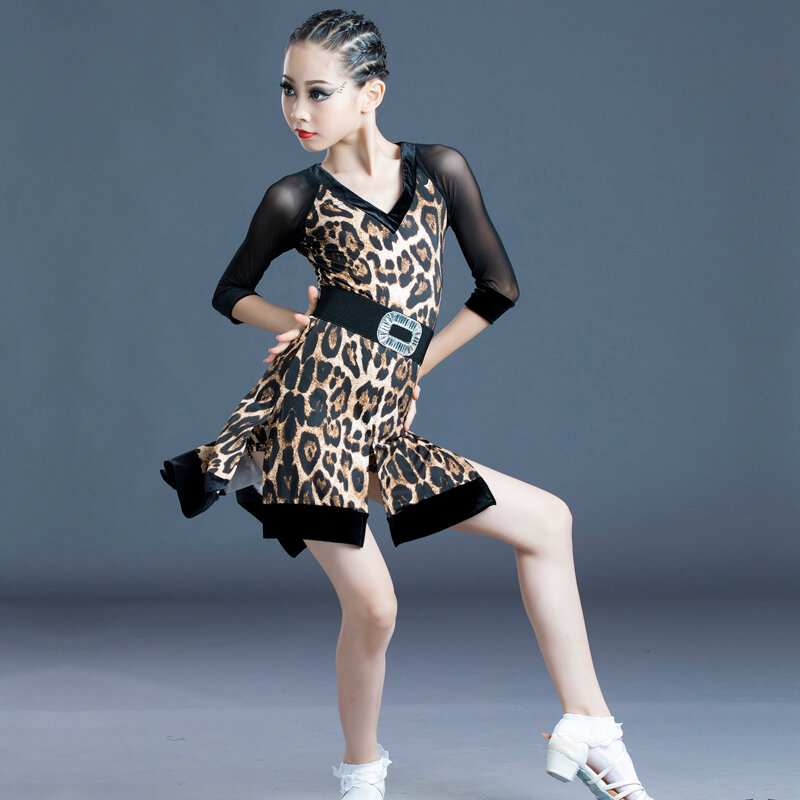 Novo 120-170 vestido de dança latina crianças adulto salsa salão de baile tango cha bebê menina sexy leopardo vestido feminino completo trajes prefessional