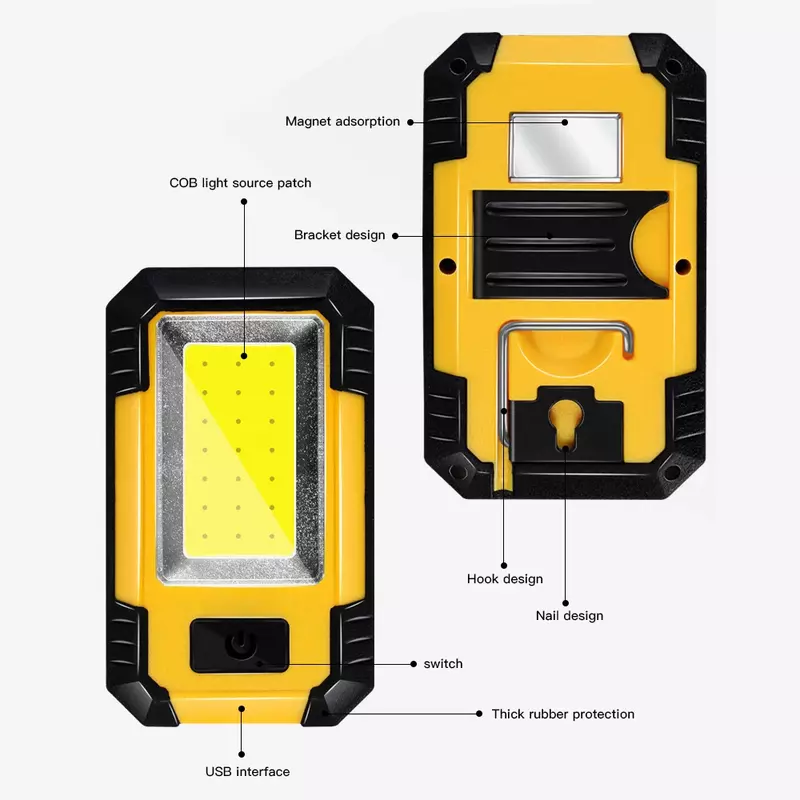 LED مصباح العمل القابل لإعادة الشحن المحمولة المغناطيسي COB مصباح العمل 30 واط المعادن معلقة هوك 3 طرق الإضاءة للتخييم إصلاح السيارات