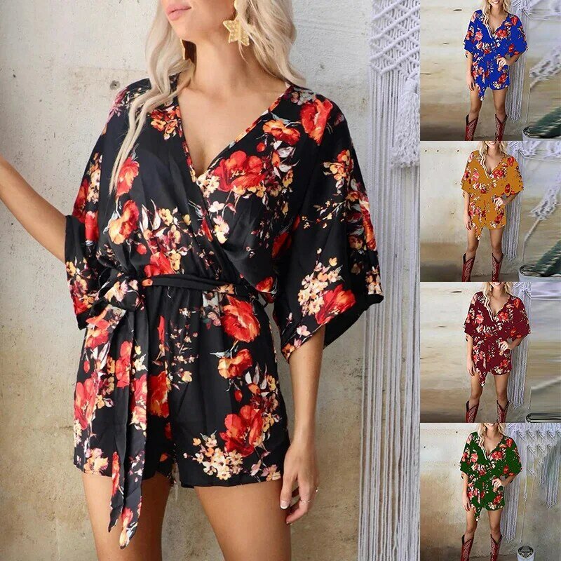 Rocwickline New Summer and Autumn Women's Jumpsuits Casual Print V-Neck Loose Belt Butterfly Sleeve Vintage Sweet Slim Jumpsuits